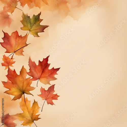 Drawn maple leaves on a beige background with space for text