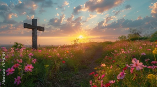 A picturesque Easter sunrise service setting, with a rustic wooden cross photo