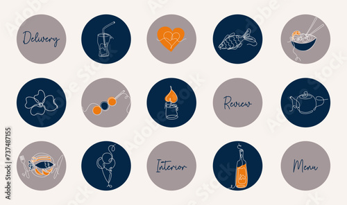 Vector pictograms. Line art style illustrations with social media Highlights covers. Cute icons for restaurant, cafe, bar. Japanese food.
