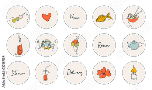 Line art style illustrations with social media Highlights covers. Japanese food clipart. Cute icons for restaurant, cafe, bar.  Vector pictograms.
 photo