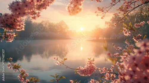 A dreamy Easter sunrise vista, casting a warm glow over a tranquil lake