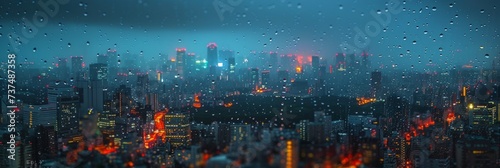 Gloomy Cityscape Through Rain-Dropped Window Generative AI photo