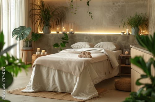 a beautiful bed set up in a spa treatment room