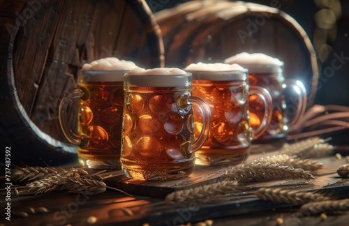 a series of beer glasses and barrels with some wheat