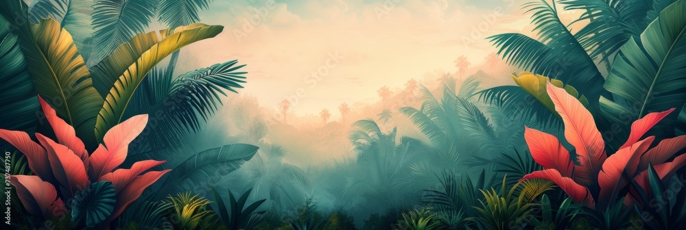 Tropical Paradise: Banana Leaf Landscape with Pastel Tones Generative AI