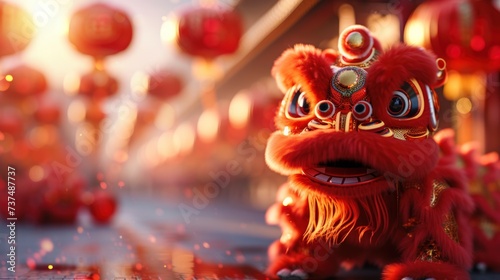 A festive Chinese New Year parade setting, with majestic dragons, shimmering ...