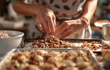 a woman is preparing a cinnamon, pecan snack recipe