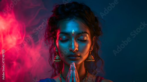 a beautiful tamil woman   hands in prayer   eyes closed  