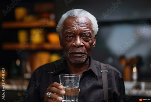 a black senior man holding a glass of water in his kitchen