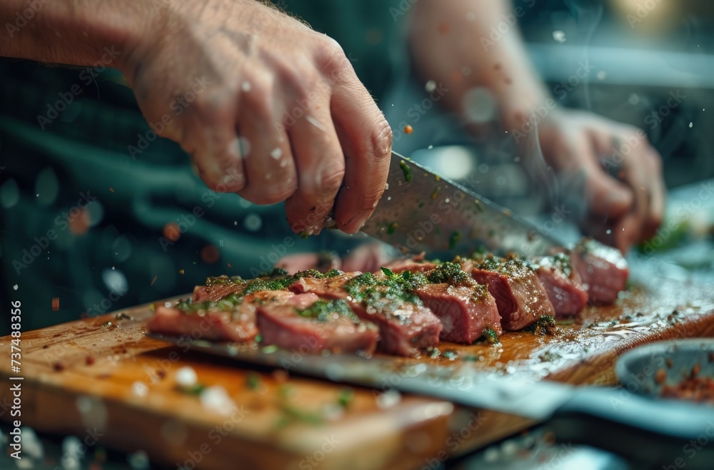 a chef is slicing raw meat on a board