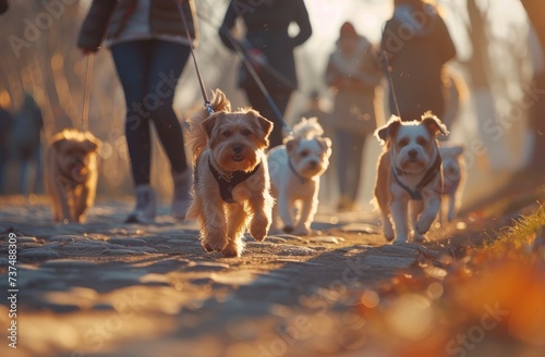 a group of young people walking their dogs by leash photo
