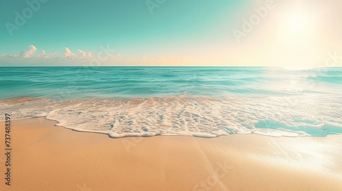 A tranquil beach adorned with golden sand and azure waters, embraced by the warm glow of the sun