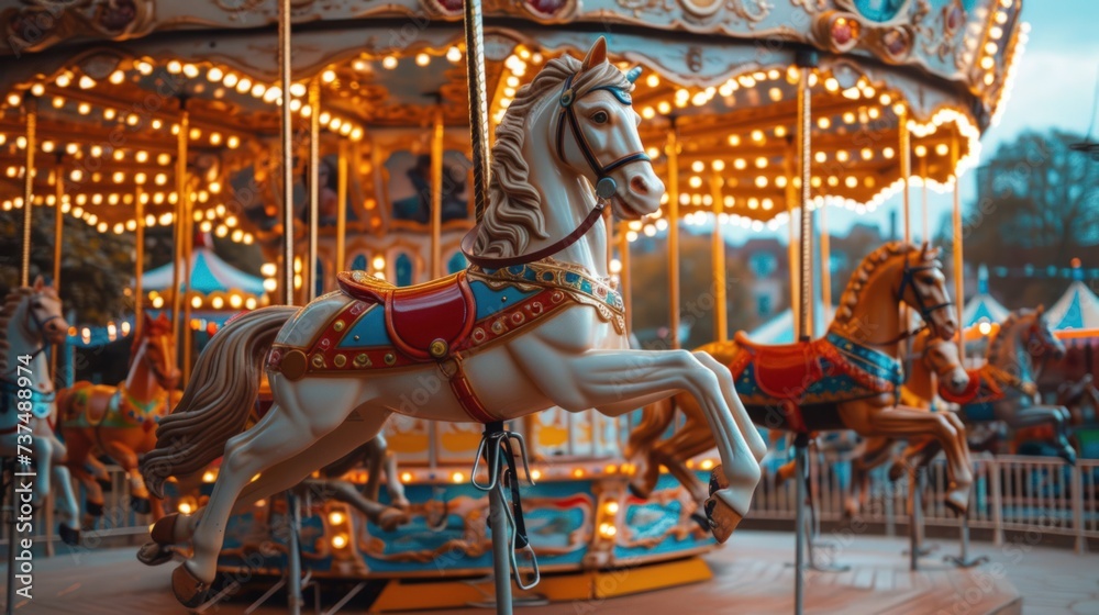 A charming carnival carousel scene, with brightly painted horses, nostalgic music