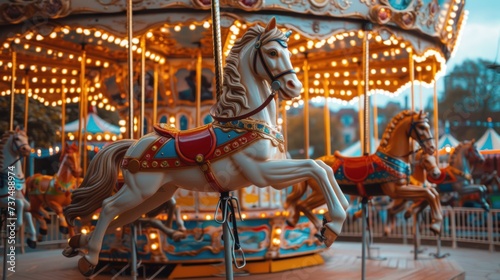 A charming carnival carousel scene, with brightly painted horses, nostalgic music