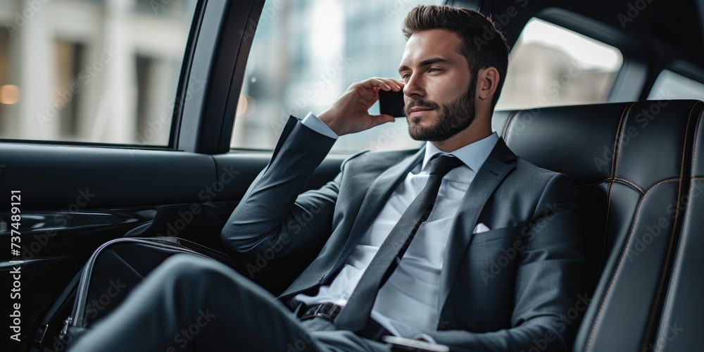 Businessman in a suit is sitting in the back seat of a car and talking on mobile phone - obrazy, fototapety, plakaty 
