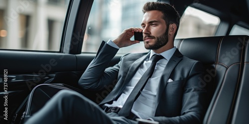 Businessman in a suit is sitting in the back seat of a car and talking on mobile phone photo
