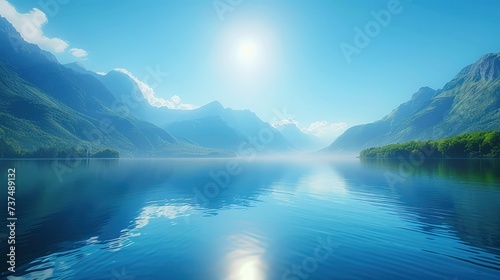 A serene lake reflecting a clear blue sky and towering mountains