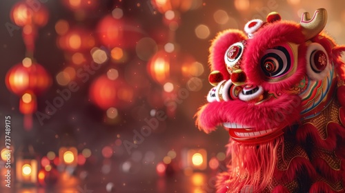 A festive Chinese New Year parade setting, with majestic dragons, shimmering lanterns © olegganko
