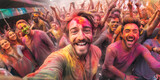 image of a cheerful man with a colored face celebrating the festival of colors Holi. Man having fun with colorful paints, Holi festival