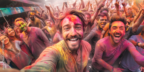 image of a cheerful man with a colored face celebrating the festival of colors Holi. Man having fun with colorful paints, Holi festival © Svitlana Sylenko