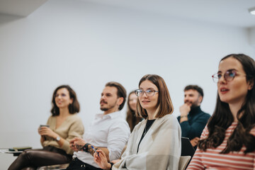 Group of people attentively listening at a business seminar in a well-lit conference room, depicting education and teamwork.