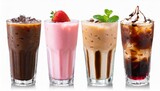 set of beverage with iced chocolate iced latte iced black tea and strawberry pink milk isolated on transparent background