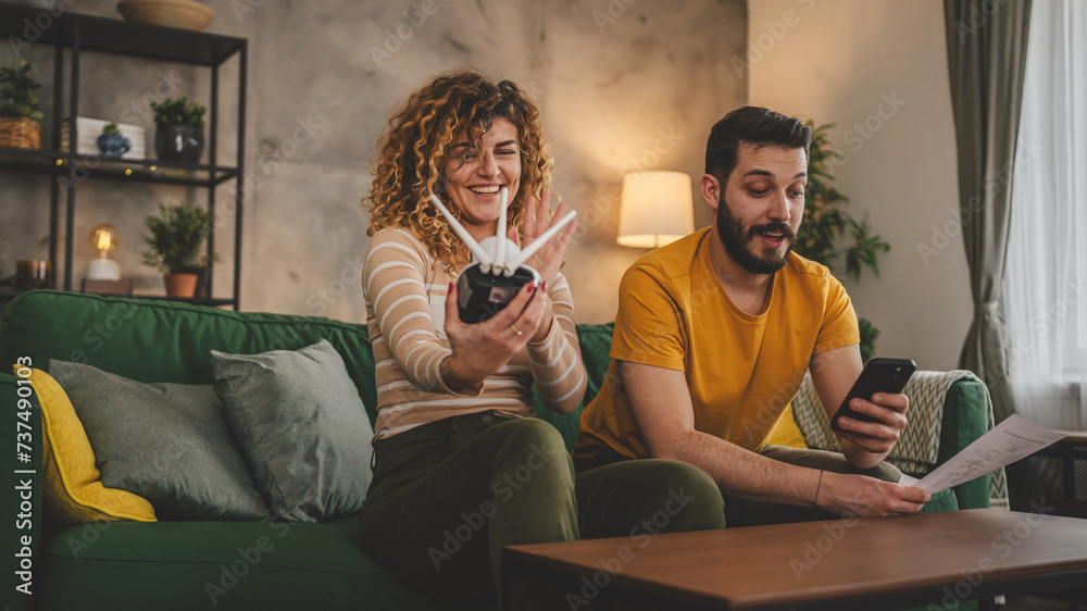 Couple at home connect and install cctv security surveillance camera Couple at home connect and install cctv security surveillance camera