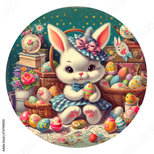 dressed up easter bunny retro pop round sticker on transparent background