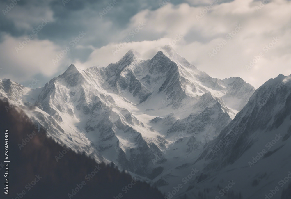 Majestic mountain peaks with snow-capped summits and clouds above Majestic mountain peaks with snow-capped summits and clouds above