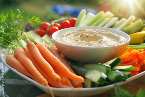 Raw Vegetable Crudité Platter with Hummus Dip for Health Day photo