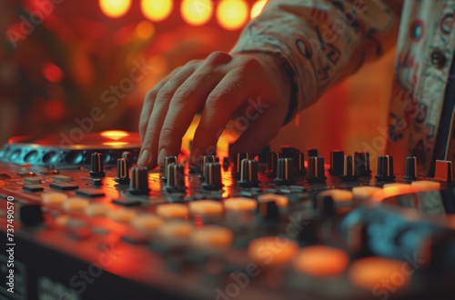 a man's hand is playing an actual dj mixer