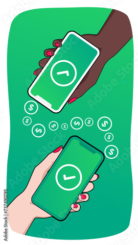 Two smartphones held by women and showing sending and receiving payments confirmation. Through a digital wallet application on a mobile phone. Bank transfer concept. Digital money. Vertical banner.