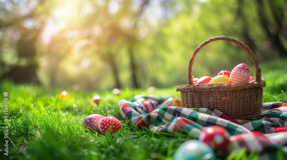 A charming Easter picnic backdrop, featuring a checkered blanket, woven baskets