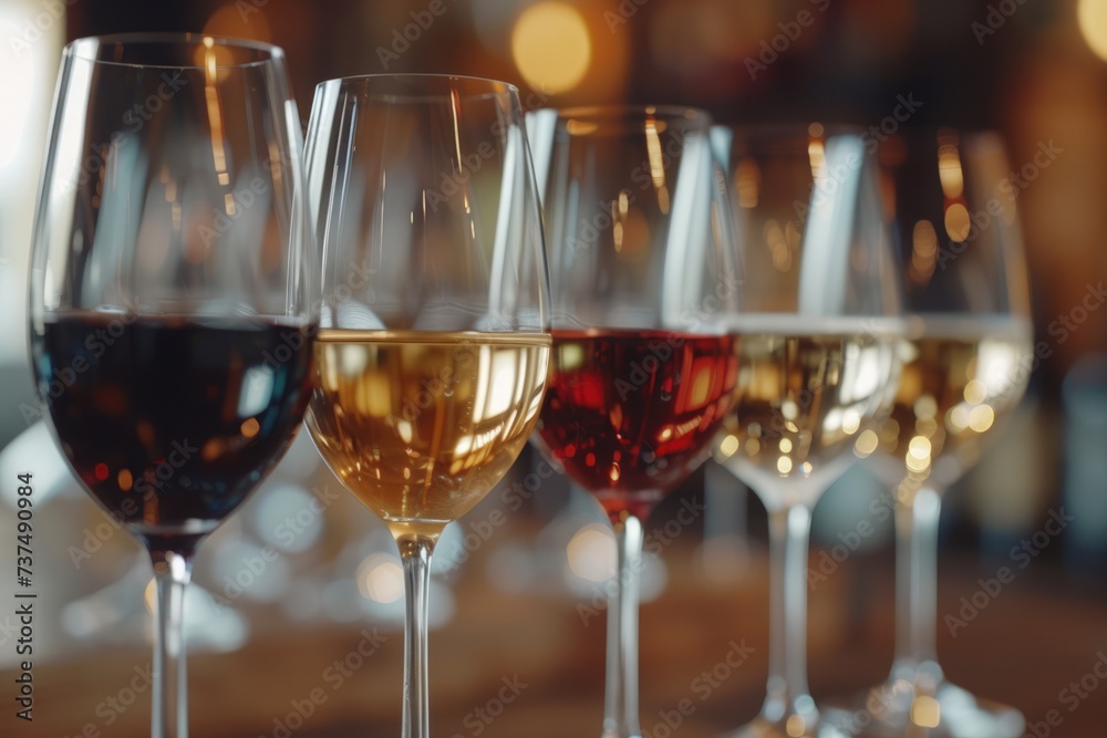 a row of glasses with different types of wine beverage