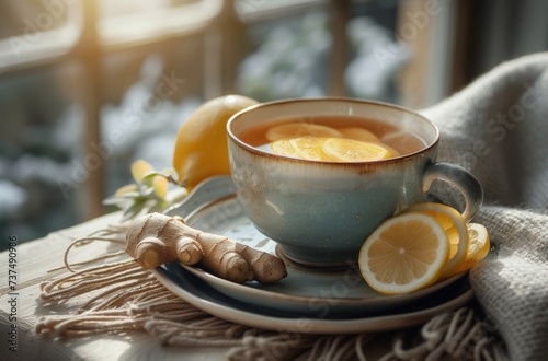 a cup of tea with lemon and ginger