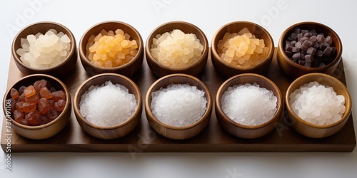 Different types of sugar in wooden bowls, on a white background