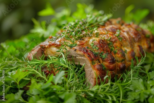 Roasted Lamb Resting on a Bed of Fresh Herbs Ready for Easter Carving photo