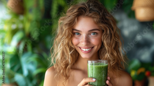 smiling young woman holding a glass with smoothie on a color background, beautiful girl, healthy eating, drink, fruit cocktail, freshly squeezed juice, portrait, lifestyle, weight loss, detox, banner
