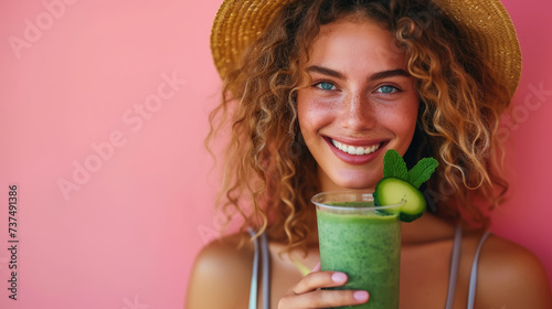 smiling young woman holding a glass with smoothie on a color background, beautiful girl, healthy eating, drink, fruit cocktail, freshly squeezed juice, portrait, lifestyle, weight loss, detox, banner