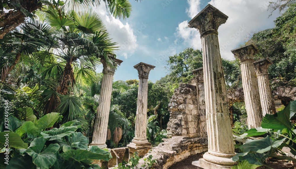 weathered ruins with classic columns in lush green tropical foliage of exotic botanical garden - obrazy, fototapety, plakaty 