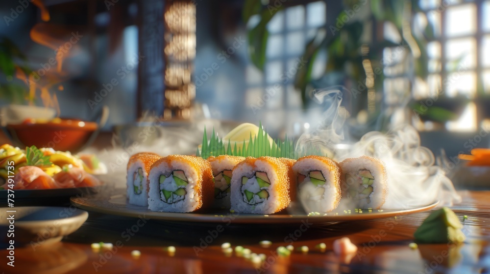 Sushi Set with Atmospheric Smoke - A sushi set enhanced by atmospheric smoke for a dramatic and sensory dining experience, highlighting the fusion of taste and visual artistry.