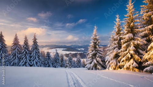 perfect evening winter landscape with spruce trees covered in snow