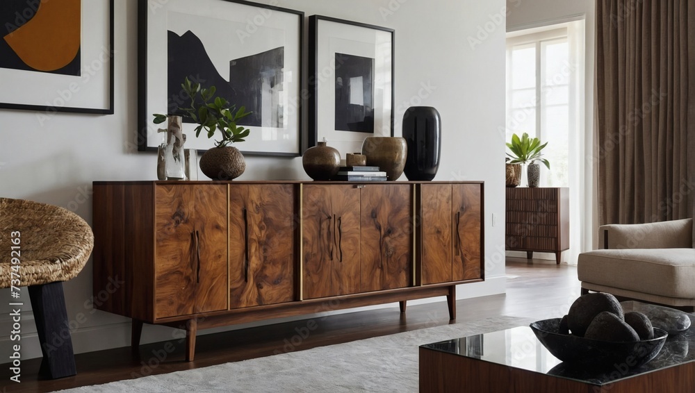 Exotic wood credenza and carefully curated accessories elevating a white living room interior. - obrazy, fototapety, plakaty 
