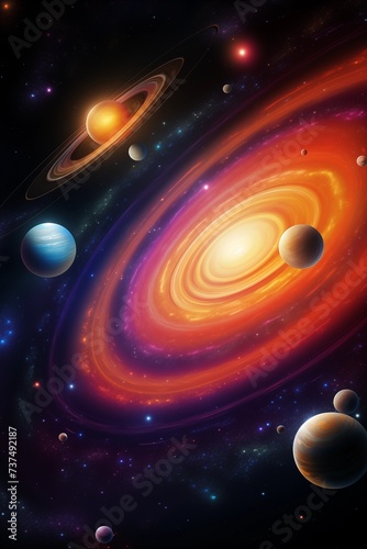 Space background  book cover  poster template. Galactic vortex of stars and planets. Fantastic celestial space landscape. Vertical banner. Amazing cosmic wallpaper.