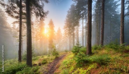 sunrise in a misty coniferous forest
