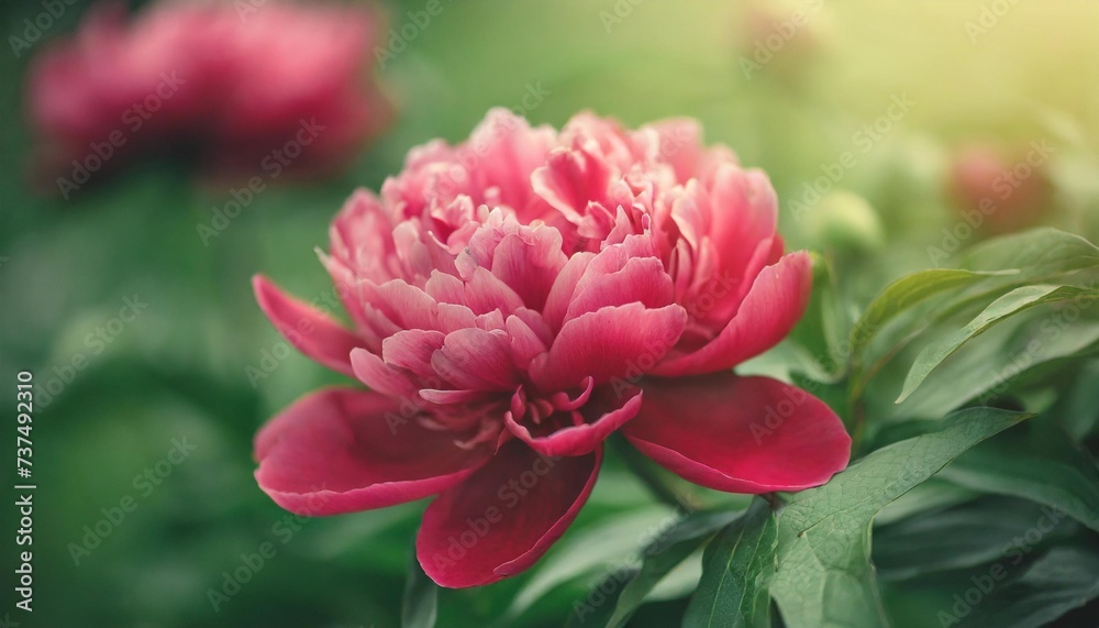 red peony in the garden on a green background beautiful pink flower in a summer garden