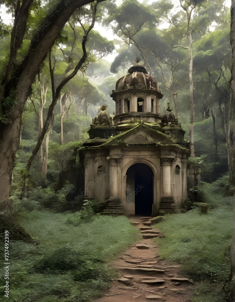Fototapeta premium Old temple in the middle of the forest, trees, vegetation