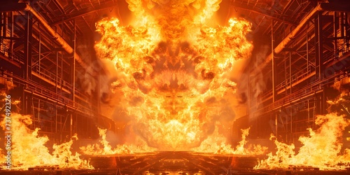 Blazing inferno engulfs industrial facility creating a fiery spectacle. Concept Dramatic Fire, Industrial Blaze, Fiery Spectacle, Engulfed Facility, Inferno