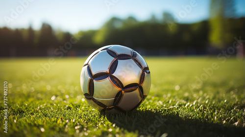 Soccer ball on grass field at sunset. Silver leather soccer ball with copy space background. Sports equipment. Template for children s birthday cards about soccer.