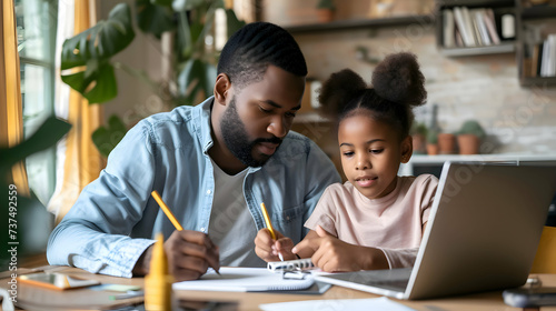 African american father doing homework with his daughter. Black dad helping kid to learn and study for school. Family portrait. 